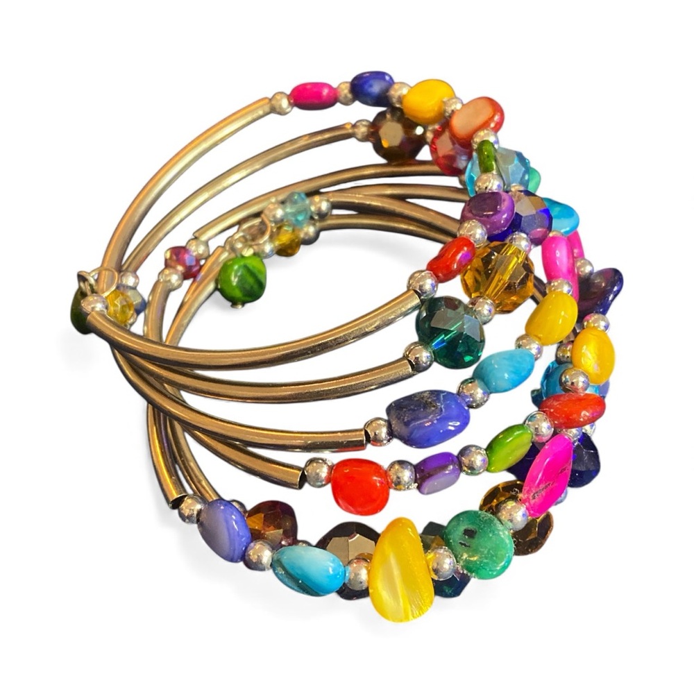 Vintage Rainbow Beaded Wrap Bracelet Slinky Coil Style Estate Jewelry